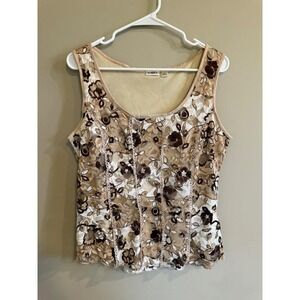 Cato Womens Floral Lace Tank Top Beige Brown White Scoop Neck Sleeveless Size L